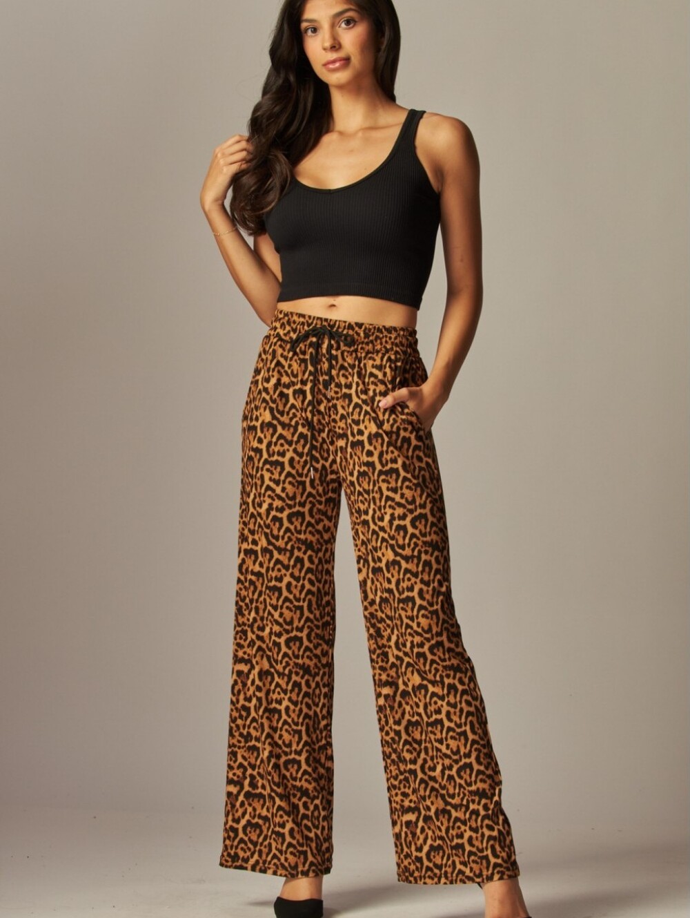 Leopard Stretchy Ribbed Drawstring Pants - Picture 1 of 7